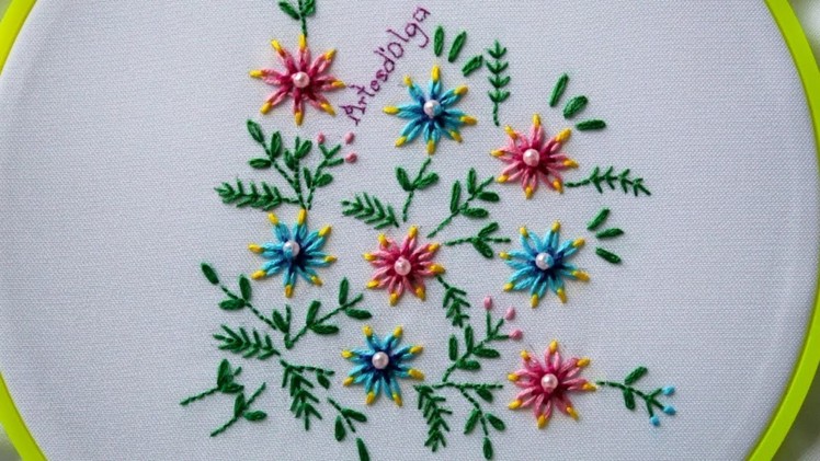 Hand Embroidery: 3 color Lazy daisy stitch Flowers |Flores en puntada margarita tricolor|Artesd'Olga