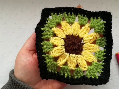 Sunflower granny square easy crochet tutorial