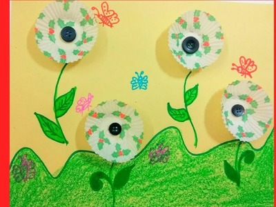 DIY:CUPCAKE LINER FLOWER CRAFT||HOW TO MAKE FLOWERS FROM CUPCAKE LINER & BUTTON CRAFT FOR KIDS||