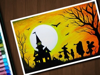 Halloween Drawing with Oil Pastels - step by step