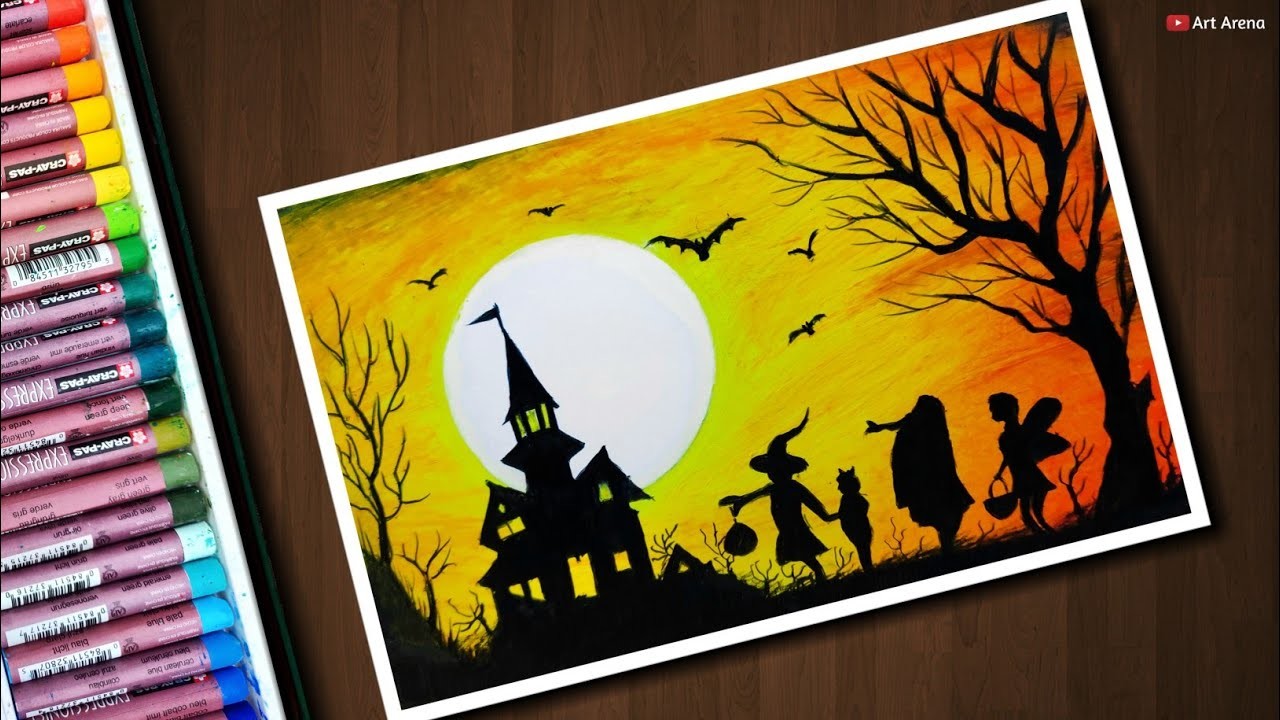 Halloween Drawing with Oil Pastels step by step