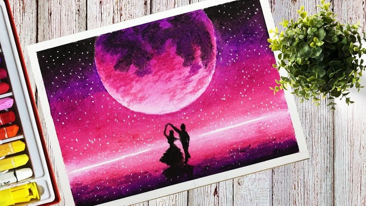 How to draw a Beautiful Purple Moonlight Scenery With Oil Pastel Step by Step