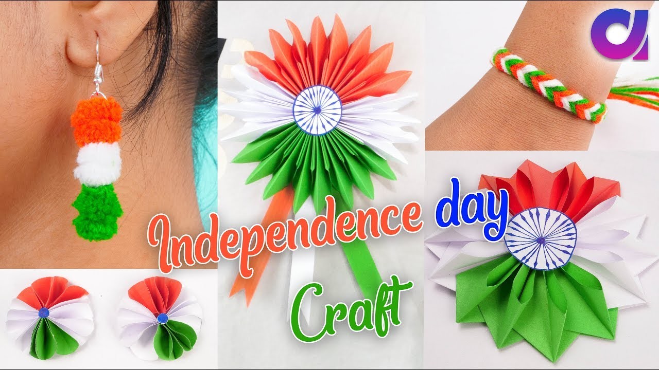 Tricolour Paper flower, Badge, Bracelates & earring craft ideas | Independence Day Craft | Artkala
