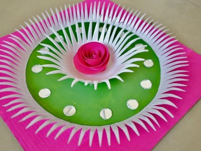 Home decorating flower from Disposable plate | DIY Thermocol plate wall decor craft Idea