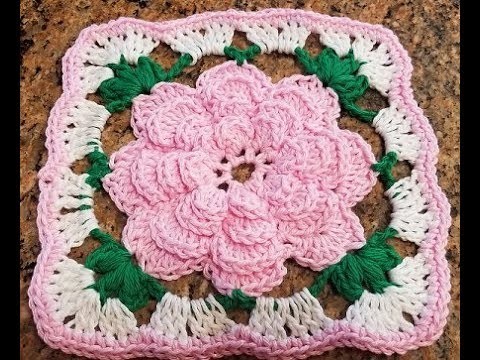 Crochet Vintage Blooming Rose Tea Granny Square DIY video tutorial