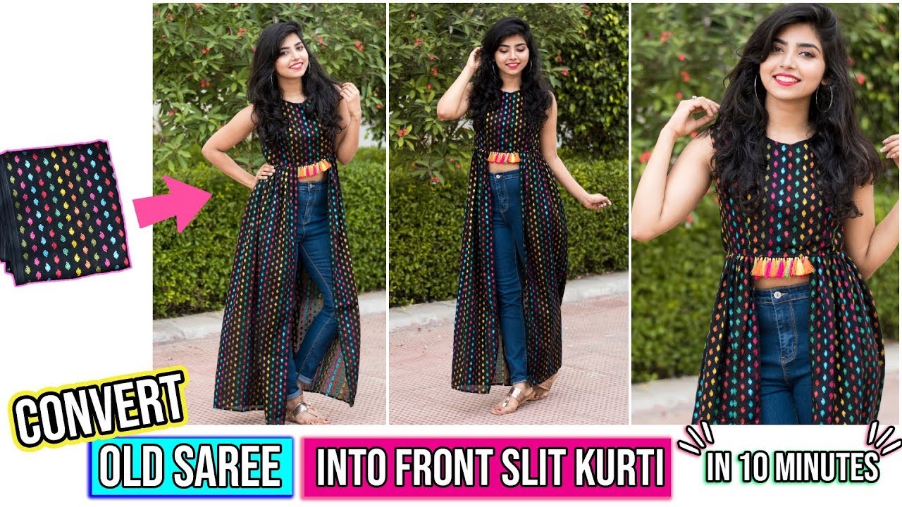 DIY: Convert Old Saree\Fabric Into Front Slit Dress\Kurti (Version 2) in 10 Minutes