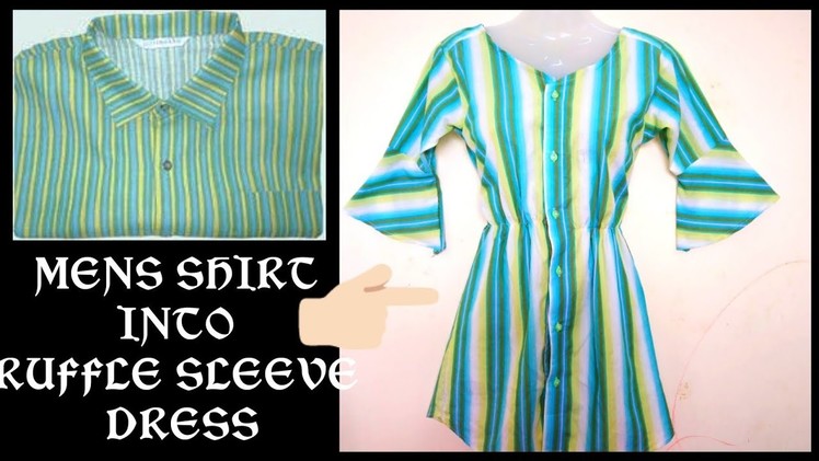 DIY: Convert.Reuse old men's shirt into ruffle sleeve dress 
hindi