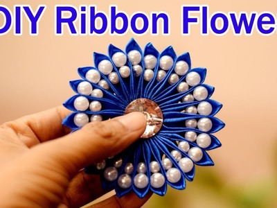 Easy Flower | DIY Ribbon flower with beads | grosgrain flowers with beads tutorial