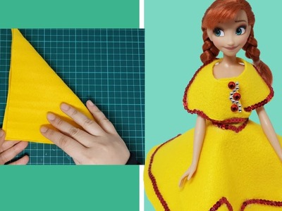 Diy Barbie doll dress for kids Making Easy No saw clothes| Yellow dress|Kute Styles