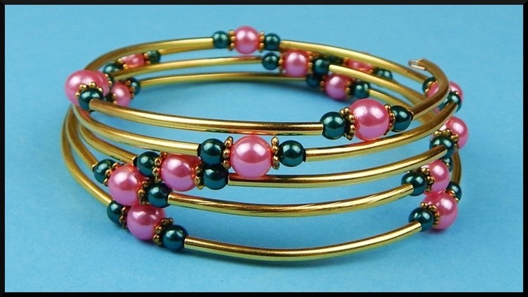 DIY | Beaded Memory Wire Bracelet with Pearls | Beadwork Jewelry | Perlen Draht Armband Schmuck