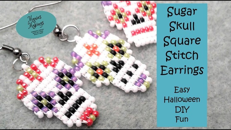 Sugar Skull Square Stitch Earrings - Easy Halloween DIY Fun