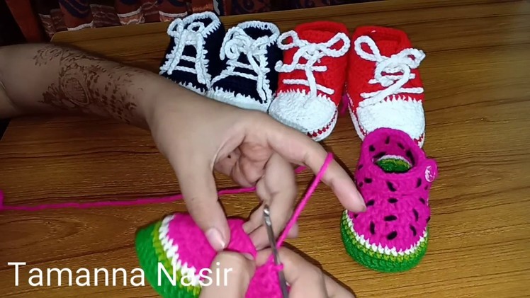 Crochet watermelon baby shoes. .কুরুশকাঁটার তৈরি বাচ্চাদের জুতা