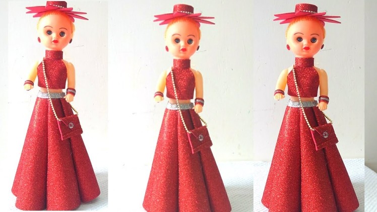 DIY doll decoration.Barbie doll dresses with glitter foam sheet.How to make a doll dress
