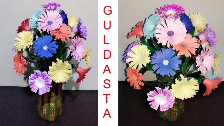 How to make plastic bottle flower vase using paper flowers.woolen at home.best out of waste.guldasta