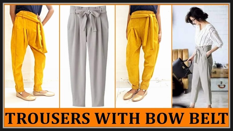 Ladies Trousers With Bow Belt Cutting And Stitching | Learn How To Insert Pleats In Ladies Trousers