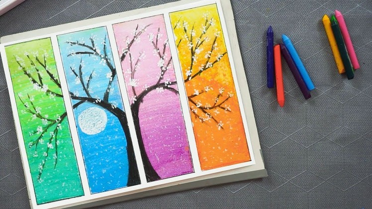 Flower Tree Drawing With Oil Pastels - How to Draw Life Hacks Colored Flower Tree Spring Oil Pastels