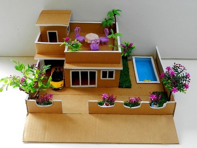 How to Make a Cardboard House with Pool and Garden | Easy Miniature Crafts for Kids
