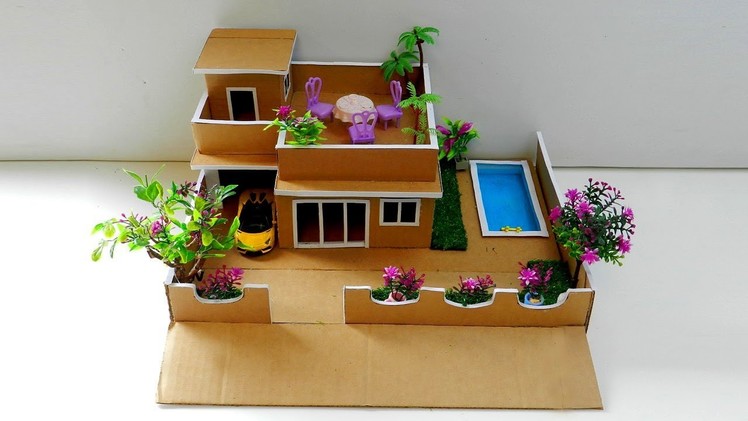 How to Make a Cardboard House with Pool and Garden | Easy Miniature Crafts for Kids