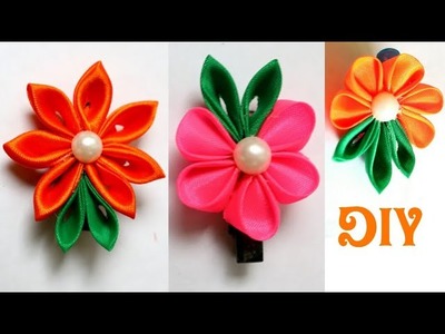 3 DIY hair clips with ribbon Flowers.Hair clips for baby.Ribbon kanzashi Flower making.#Ribbonflower