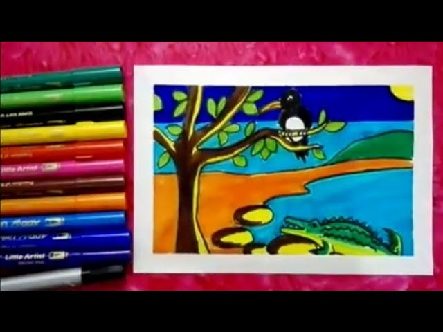 HOW TO DRAW JUNGLE SCENERY FOR KIDS STEP BY STEP|| LEARN COLORS AND EASY DRAWINGS FOR KIDS