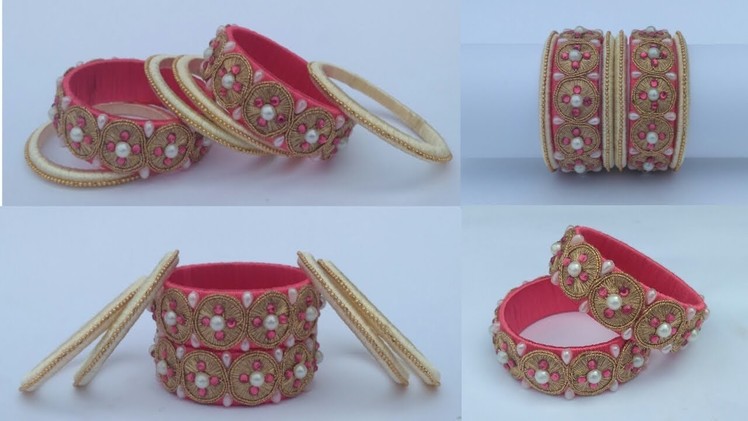 How To Make Designer Silk Thread Lace Bangle- DIY Bridal Pearl Bangle set Making Tutorial at Home