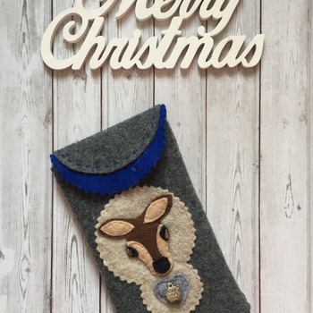 Mobile phone case - iphone6 size Felt soft smart phone case  Brown with blue and grey Deer head embellisment