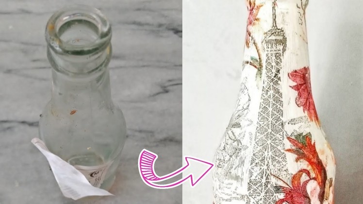 Decoupage collage on glass bottle. glass reusing idea.how to attach different pieces of napkin