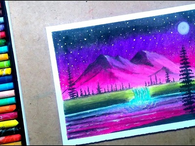 Purple moonlight special scenery !! How to draw Waterfall scenery step by step oil pastel drawing