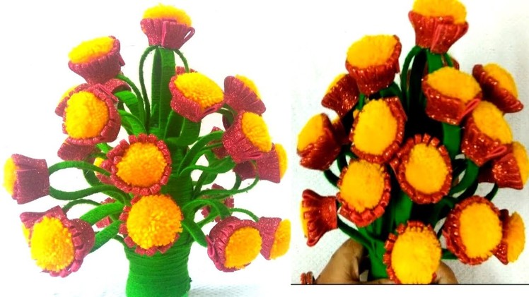 DIY.Flower Pot With wool.Glitter Foam Guldasta.WAste Plastic Bottle & X-Ray Guldasta.Flower vase.
