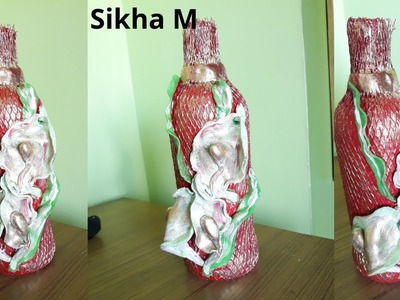 #ClayBottleArt #BottleDecoration #DIY | Clay Art | Upcycling Glass Bottle | Sikha M