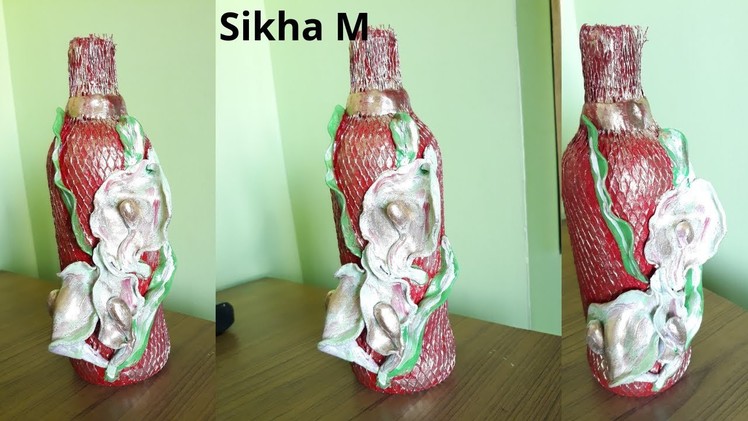 #ClayBottleArt #BottleDecoration #DIY | Clay Art | Upcycling Glass Bottle | Sikha M