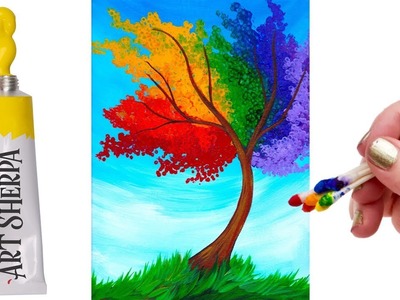 EASY Rainbow Willow Tree Q Tip Acrylic Painting tutorial ????????????