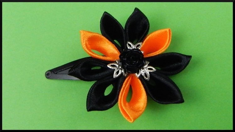 DIY Kanzashi Ribbon Flower | Halloween Hair Clip | Stoff Blumen Halloween Haarclip