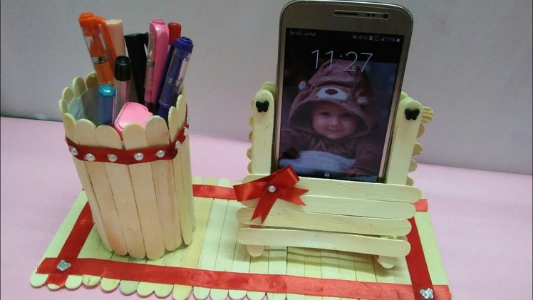 Handmade mobile stand and pen stand.diy Popsicle sticks  stand. ice cream stick stand (mrin art)