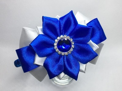 Decoration on the hairband Kanzashi. Two-tone bow with a flower