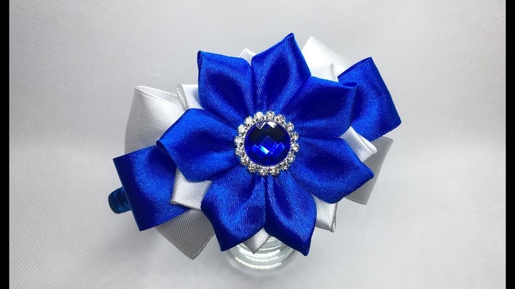 Decoration on the hairband Kanzashi. Two-tone bow with a flower