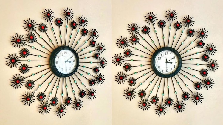 DIY Floral Designer Wall Clock using cotton buds. Home Decoration Ideas