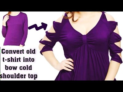 (No sew)DIY Convert Old T-shirt Into Cold Shoulder Bow Top|