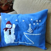 Blue fleece snowman scene pillow cushion