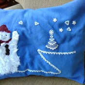 Blue fleece snowman scene pillow cushion