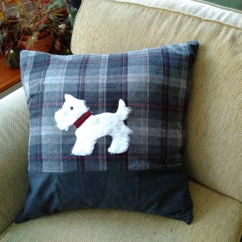 Pure wool tartan grey/red cushion with scottie dog applique