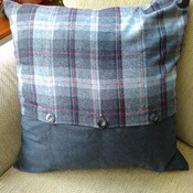 Pure wool tartan grey/red cushion with scottie dog applique