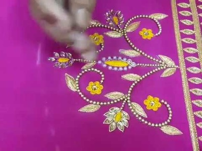Beautiful hand embroidery making on ikkat blouse