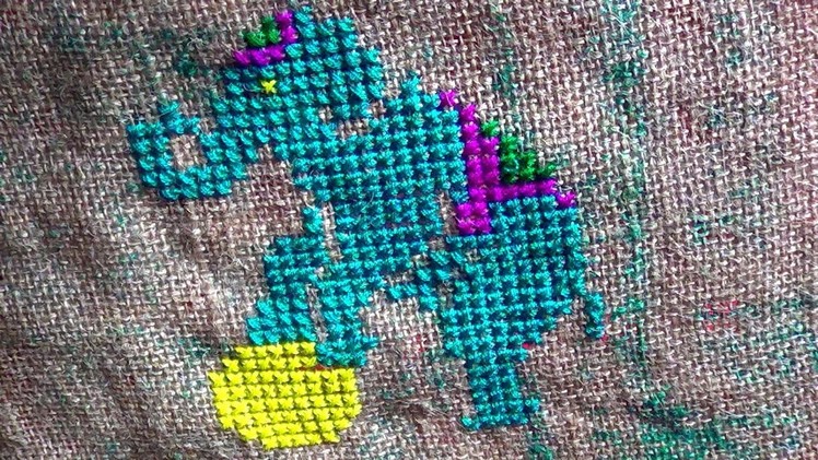 Hand Embroidery : Cross stitch Embroidery on Jute Mat : Elephant Pattern