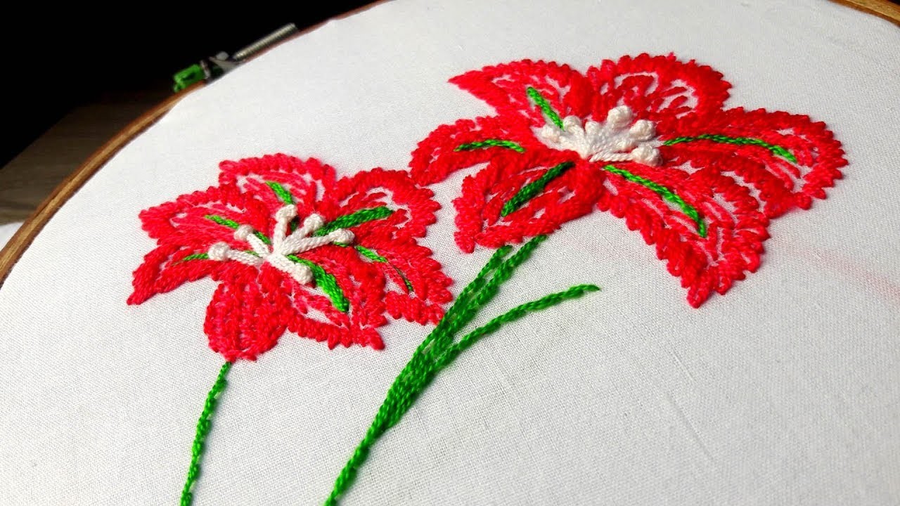 Hand Embroidery :Hibiscus flower design lazy daisy with feather stitch.