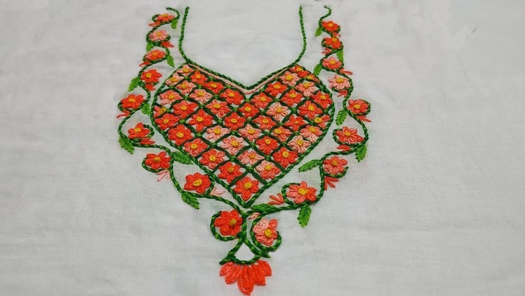 Hand Embroidery Work : Neckline Embroidery : Oyster Stitch & Whipped Back Stitch