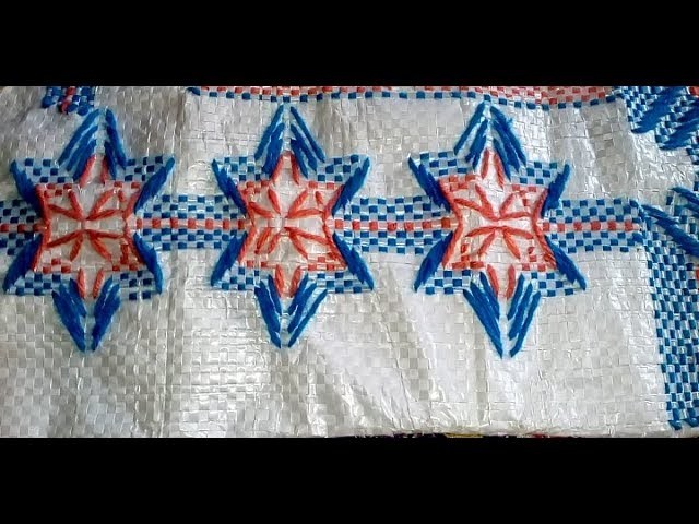 Star design on plastic Sack. Table mat stitch on plastic Sack. Hand embroidery. Door mat stitch.