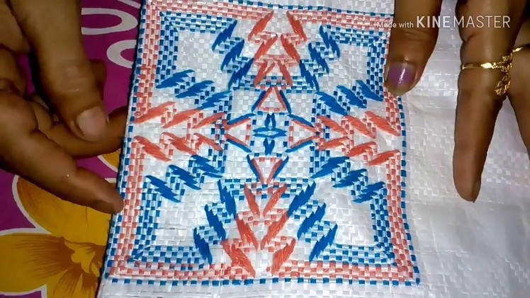 Table mat stitch on plastic Sack. Hand embroidery. Plastic Sack stitch.