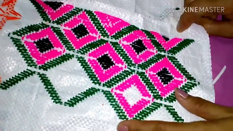 Table mat stitch on plastic Sack. Door mat stitch. Hand embroidery. Supriya Talukder.