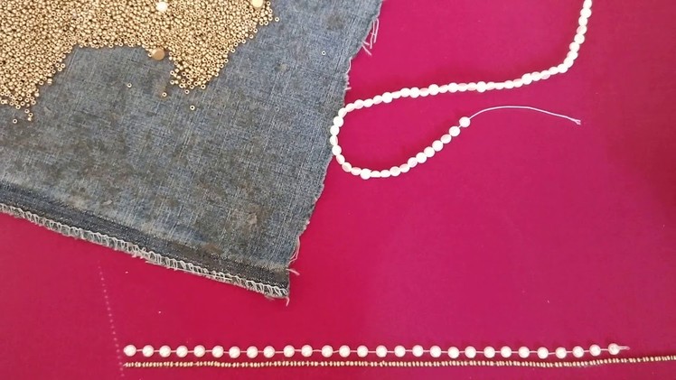 Pearl bead work chain stitch embroidery
